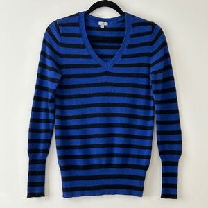 Halogen 100% Cashmere Blue Black Striped V-Neck Sweater